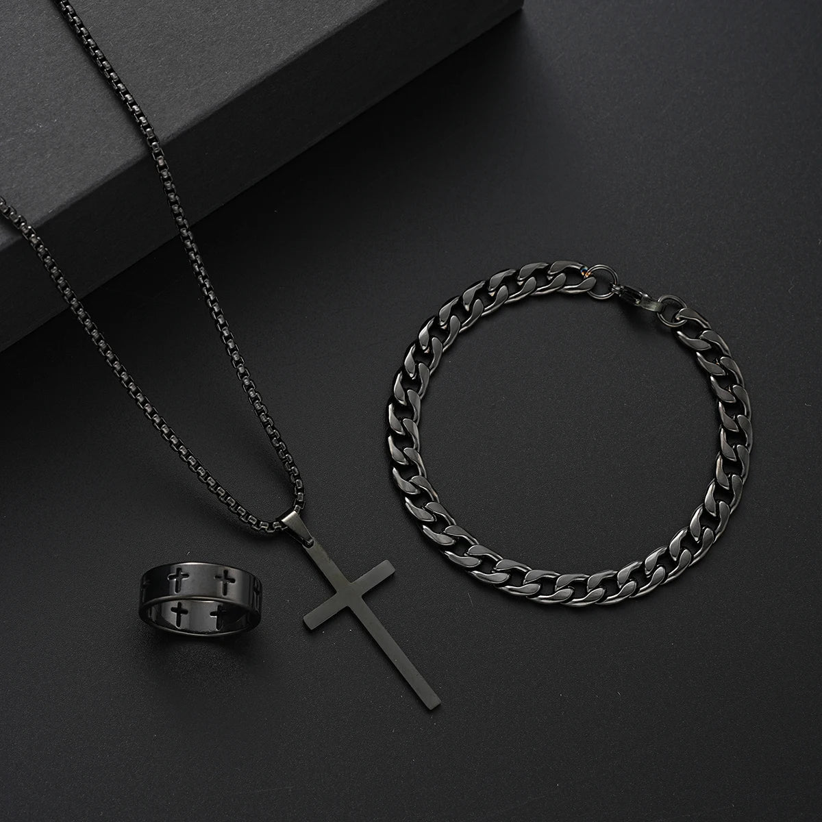 3 Pcs Stainless Steel Bracelet Necklace Ring for Men Women Retro Simple And Personalized