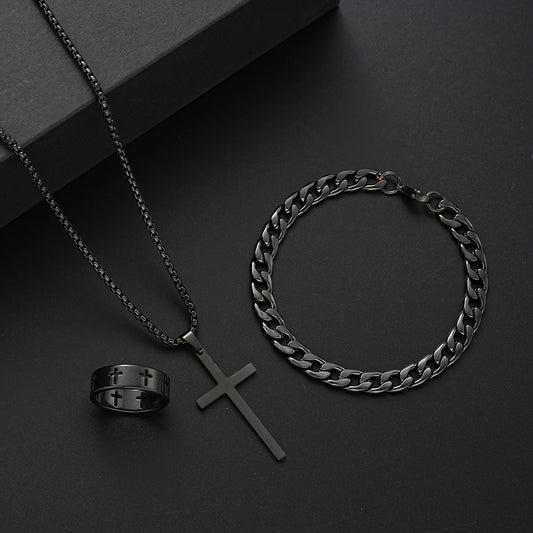 3 Pcs Stainless Steel Bracelet Necklace Ring for Men Women Retro Simple And Personalized